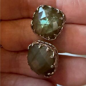 D P signed large faceted like cushion cut Labardorite sterling post earrings